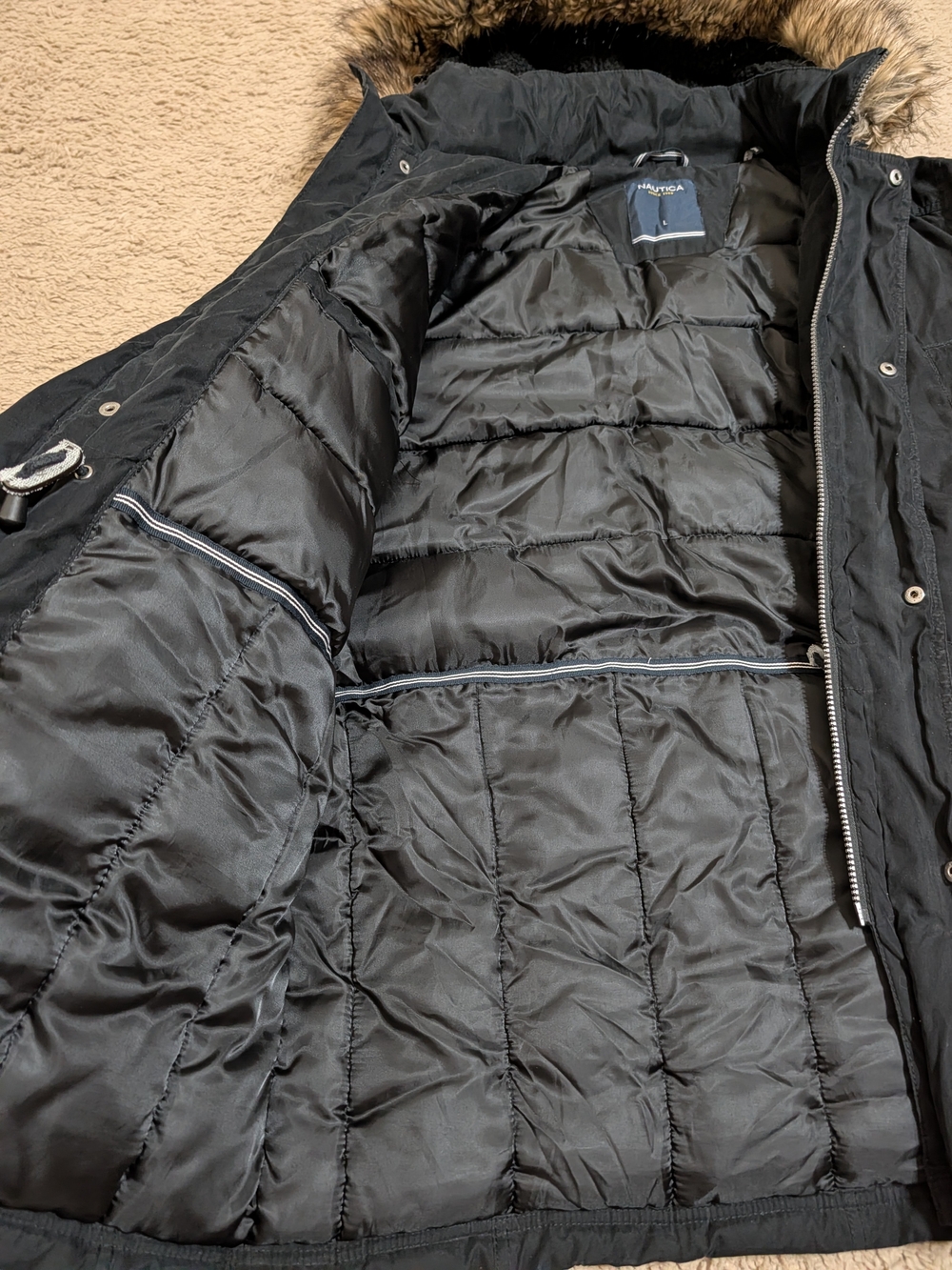 Nautica Men's Winter Large Black Hooded Jacket Puffer Parka with Faux Fur Trim - Picture 5 of 10